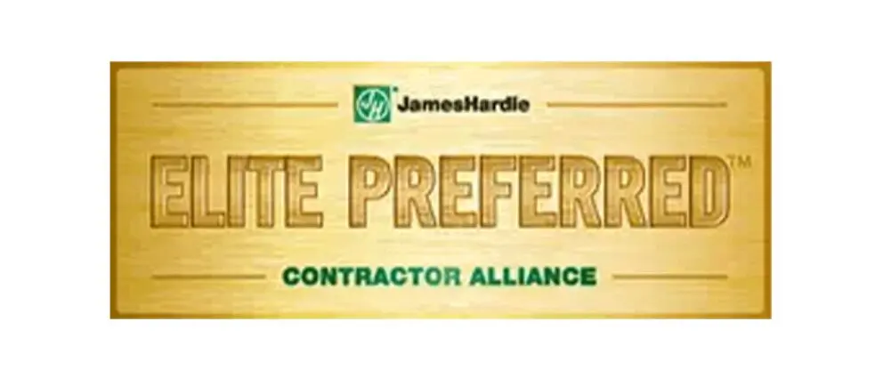 A rectangular sign with the James Hardie logo and the text