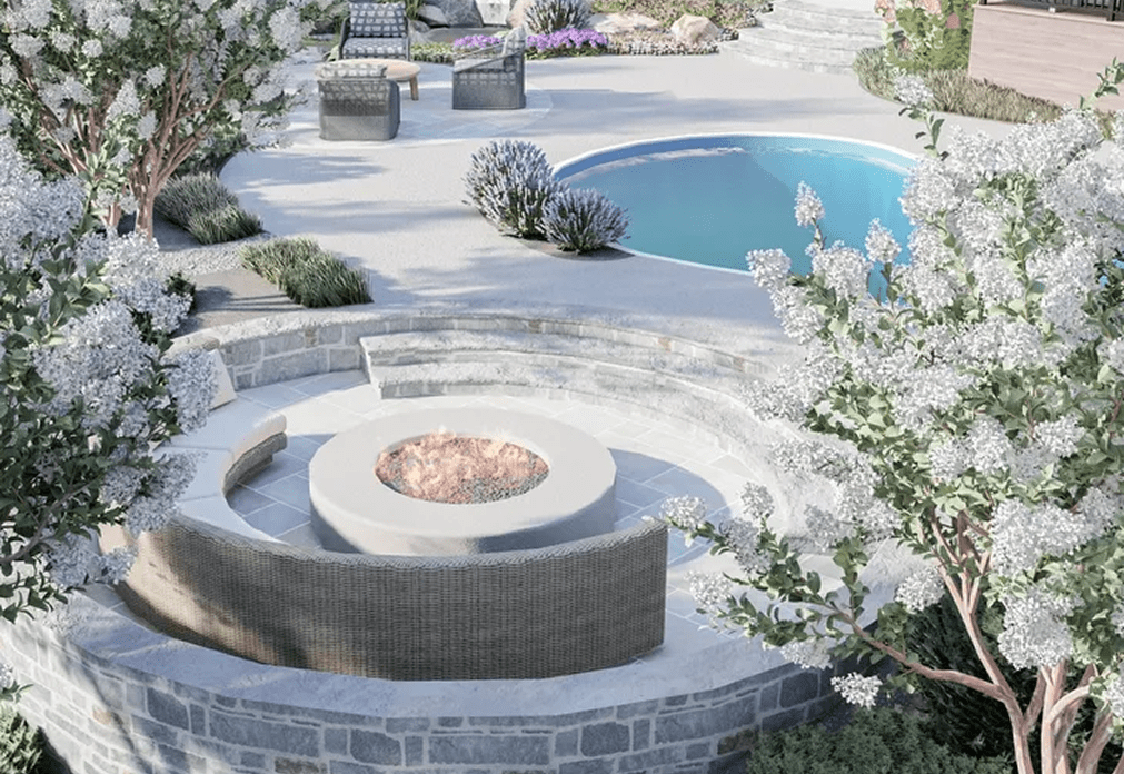 image (3) Curved stone seating with a built-in fire pit overlooks a small round swimming pool, surrounded by flowering shrubs and patio furniture.