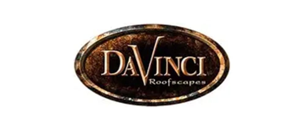 DaVinci Roofscapes logo with stylized gold lettering on a dark, oval background.