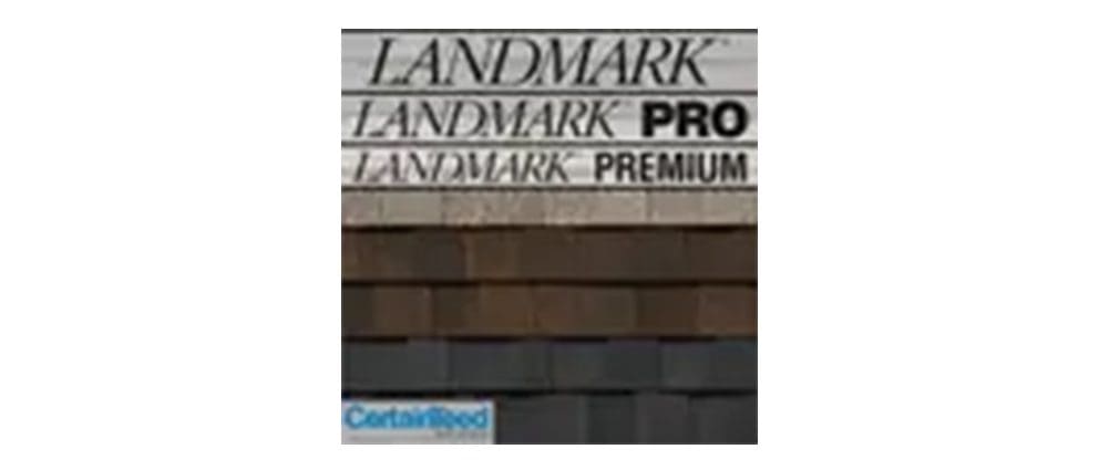 Samples of LANDMARK, LANDMARK PRO, and LANDMARK PREMIUM roofing shingles in various shades, with a CertainTeed logo at the bottom.