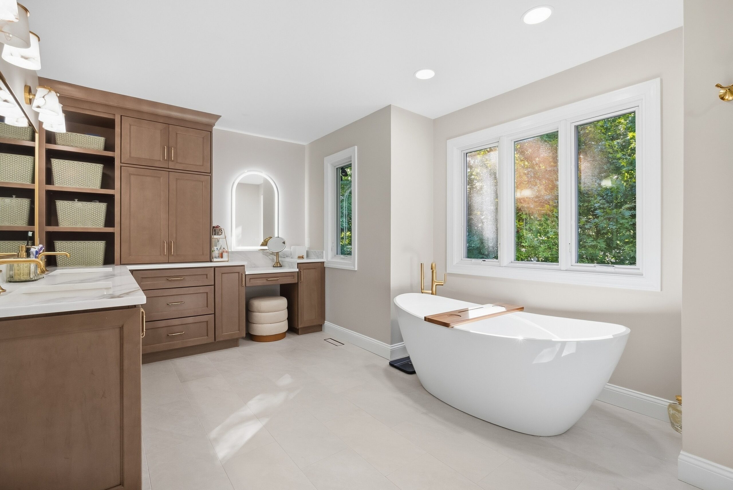 Modern bath installation featuring stand alone soaking tub