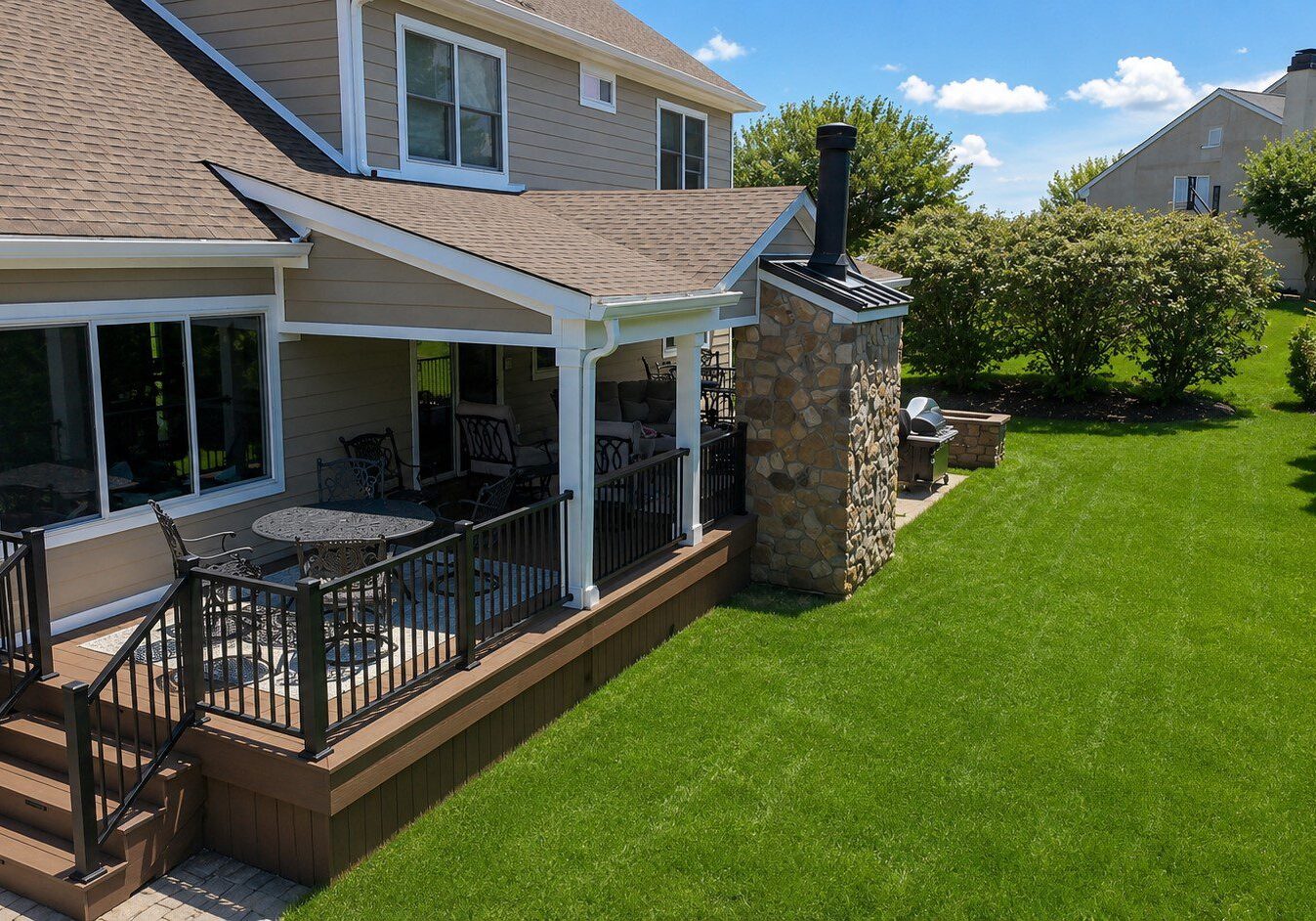 Covered backyard deck with fireplace and lawn